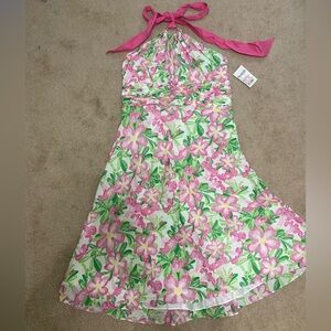 Lilly Pulitzer Pink and Green Floral Laurel Halter Dress